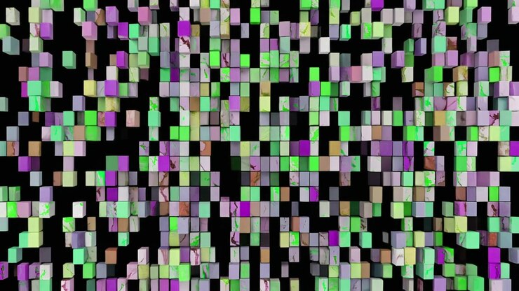 Abstrakte Animation farbenfroher, marmorierter Würfel, die ein Gitter bilden