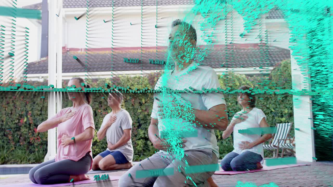 Central man leading breathing by inhaling, group mirroring hands, teal glitch sweeping for wellness