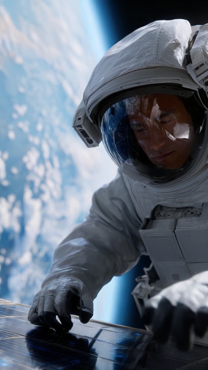 An astronaut meticulously working on a solar panel in the vastness of space, against a breathtaking backdrop of Earth and its clouds visible in the distance