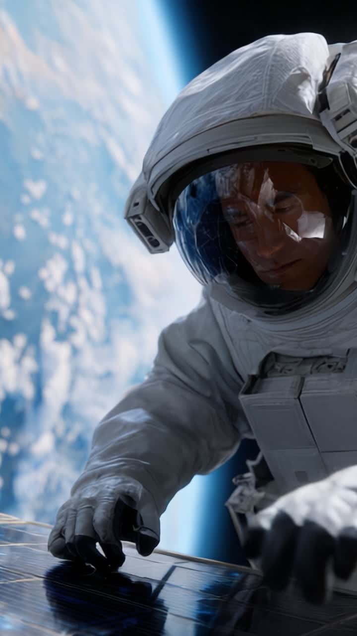An astronaut meticulously working on a solar panel in the vastness of space, against a breathtaking backdrop of Earth and its clouds visible in the distance