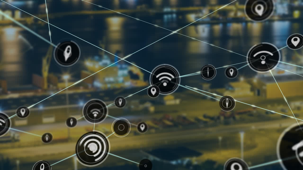 Animating network connectivity icons over cityscape at night