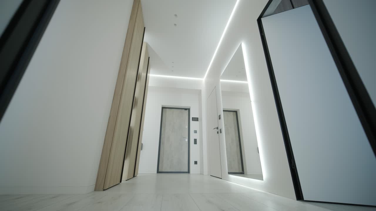Modern Minimalist Entryway with Wooden Wardrobes and Mirror