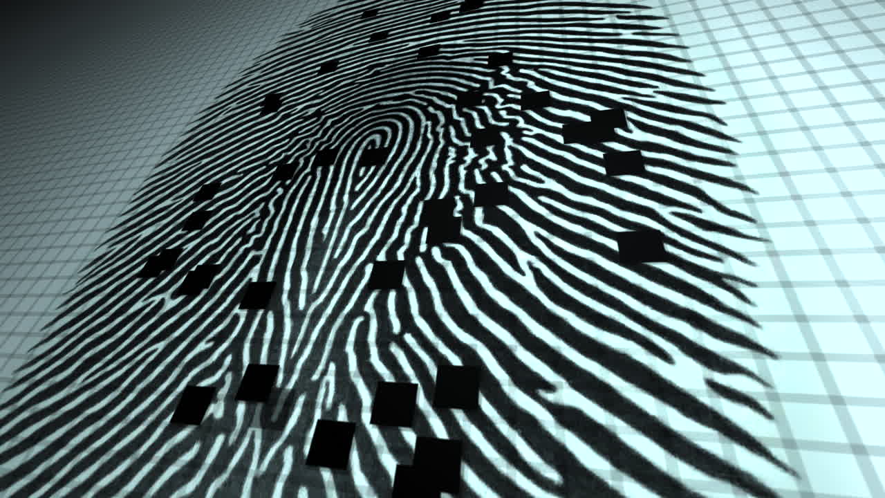 Biometric security system Scanning fingerprint patterns on digital screen grid
