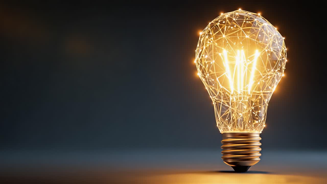 Un'illustrazione accattivante di una lampadina che rappresenta innovazione e creatività attraverso design moderno e geometria, illuminando uno sfondo scuro con brillanti scintille di idee.