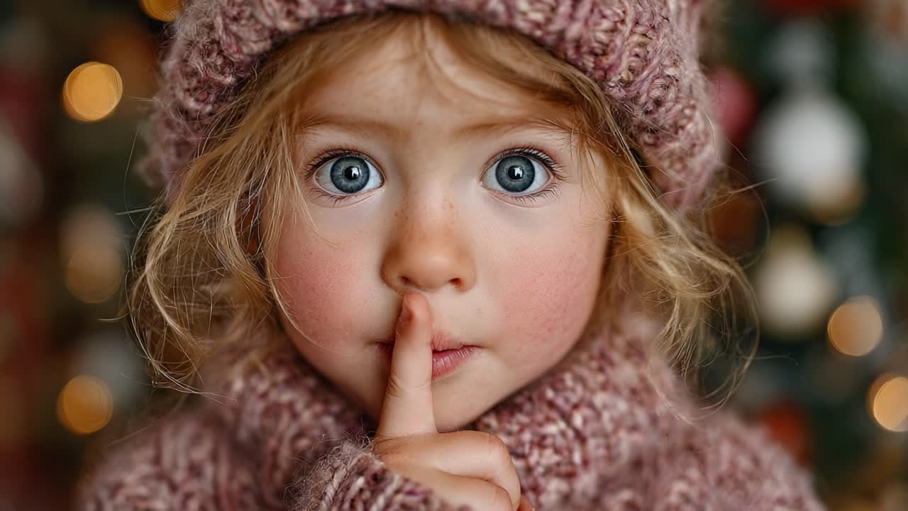 A Whimsical Moment Captured: A Young Child in Cozy Knitwear with Sparkling Eyes and a Finger to Her Lips, Evoking Wonder During a Festive Season