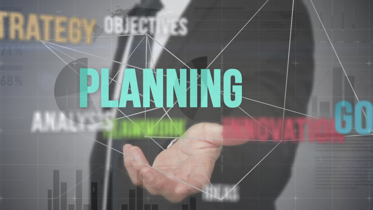 데이터 처리 인터페이스를 사용하여 비즈니스 관리 텍스트와 비즈니스맨의 애니메이션