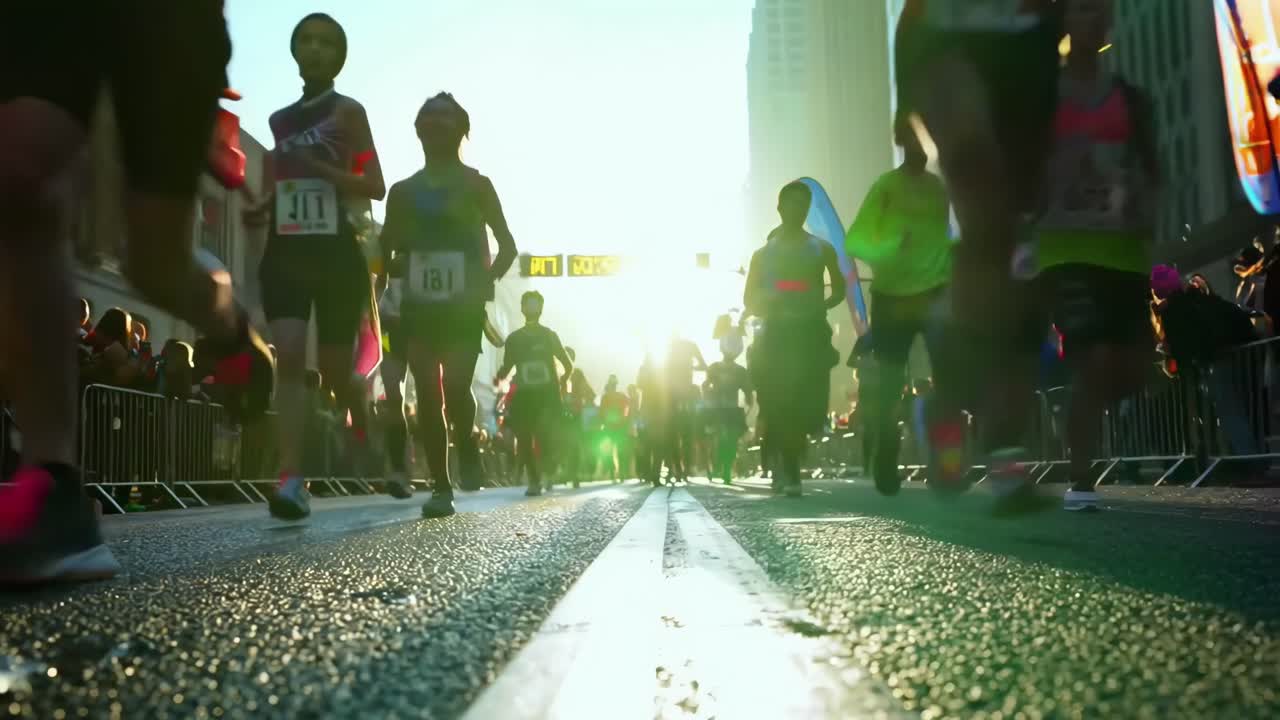 Video con angolazione dal basso di maratoneti su una strada cittadina, che cattura il movimento dinamico e l'energia.