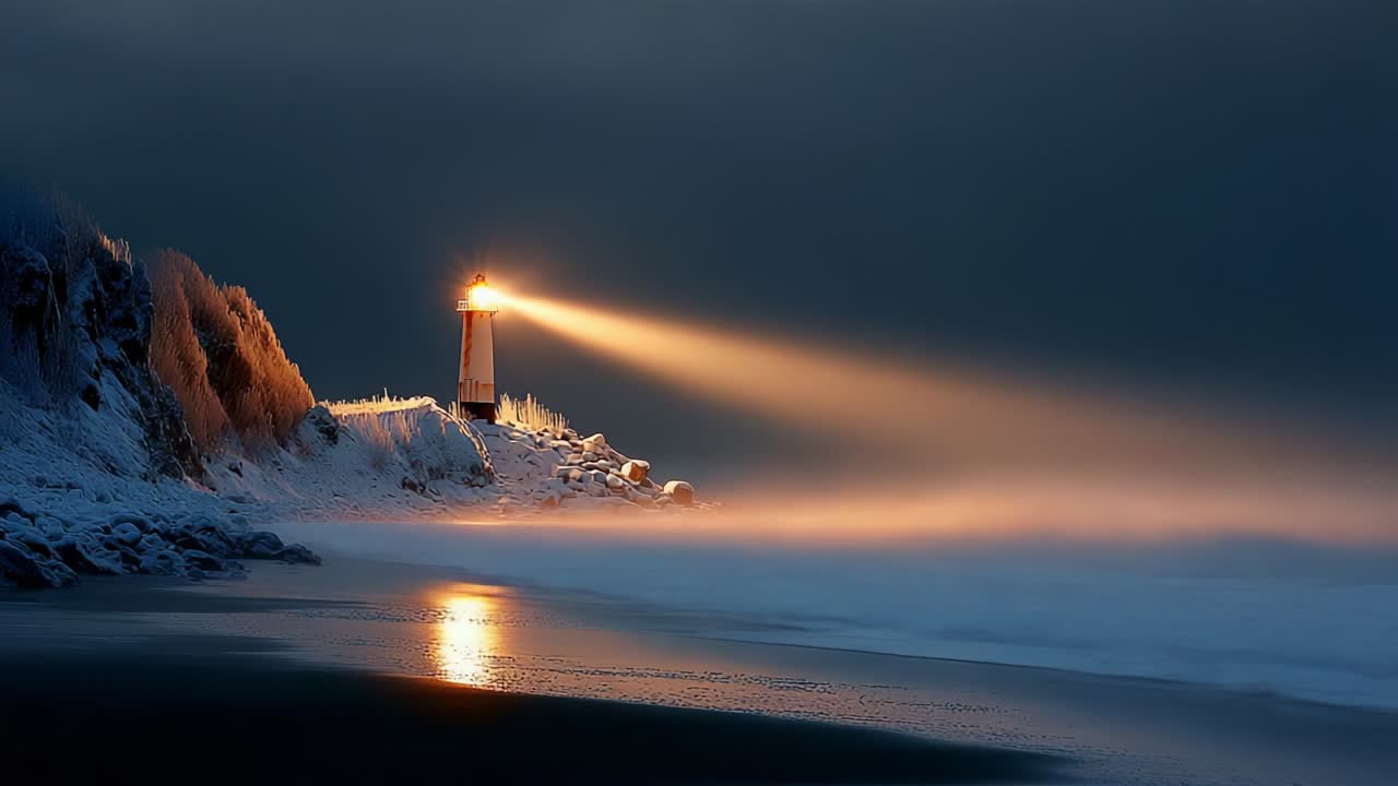 An Enchanting Winter Scene: A Majestic Lighthouse Illuminating the Darkened Seascape with Its Radiant Beam as Snow Cloaks the Serene Coastal Landscape in a Spellbinding Night