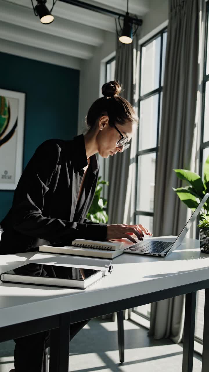 Eine professionelle Frau in einem schwarzen Anzug arbeitet in einem sonnendurchfluteten Büro an einem Laptop