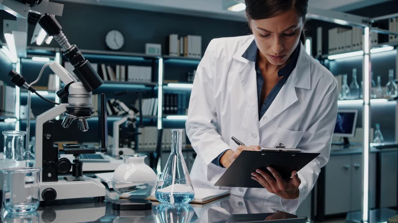 Wide-angle shot of a modern laboratory with scientists working, showcasing microscopes