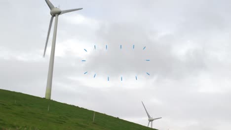 Animation-of-diverse-shapes-over-wind-turbine-and-clouds