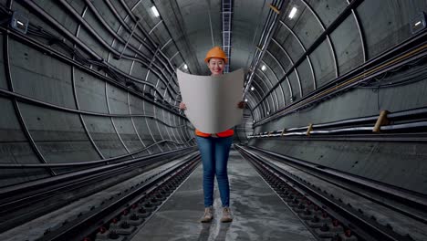 engineer reviewing plans in an underground tunnel