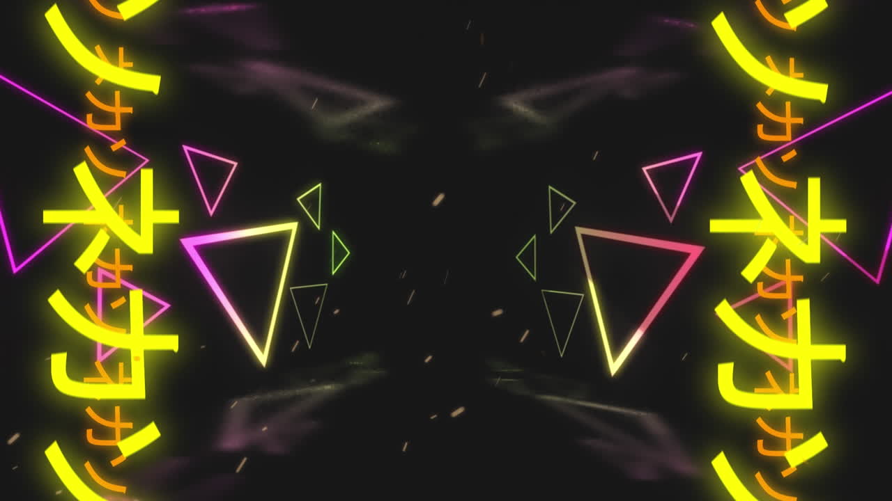 Animazione di ideogrammi cinesi e triangoli al neon su sfondo nero