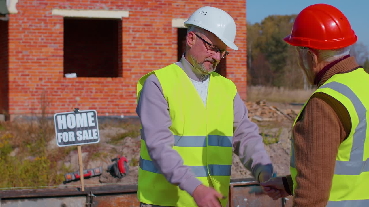 agente de bienes raíces vendiendo casa a un anciano anciano hombre, recibir dinero dólares billetes en efectivo