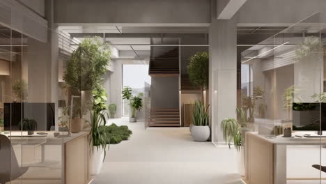 modern biophilic office interior with lush greenery