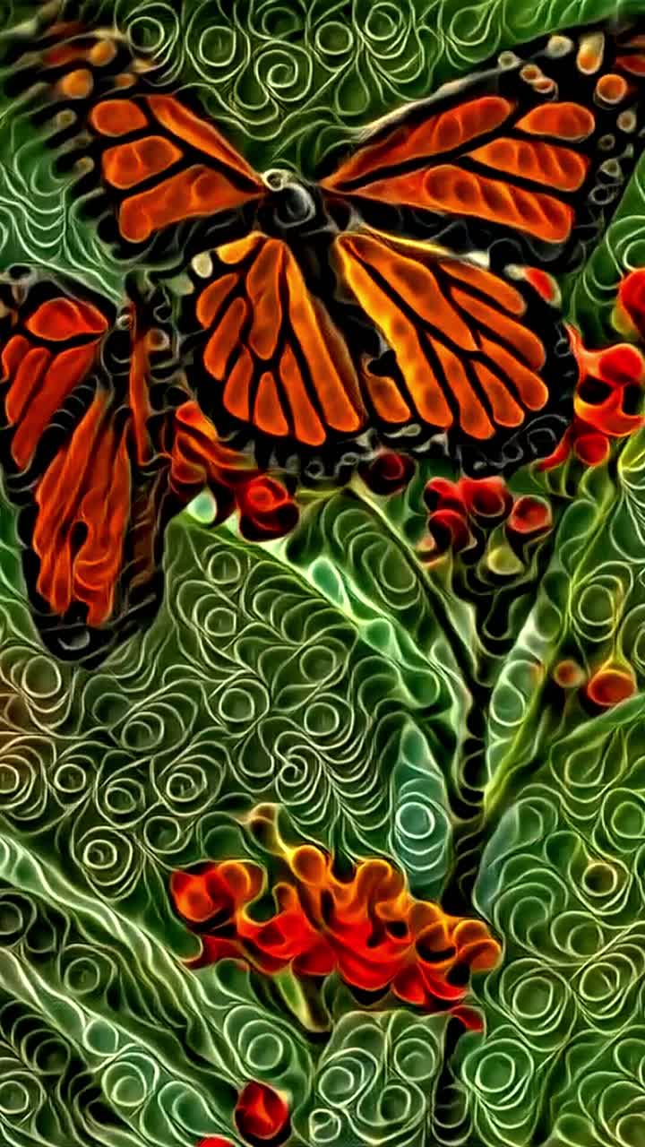 Animazione astratta verticale di farfalle monarca che riposano sui fiori, con motivi a spirale vorticosi e colori vivaci