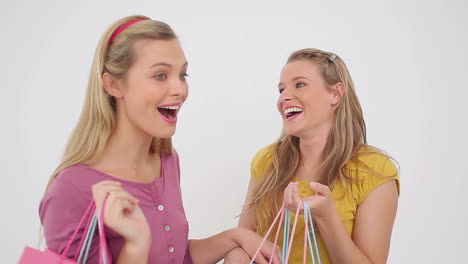 mujeres felices con bolsas de compras