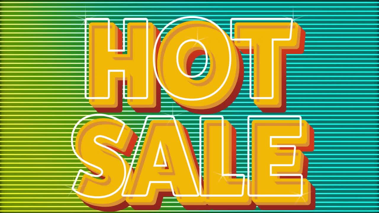 animación del texto de venta caliente en blanco y naranja en rayas verdes en el fondo