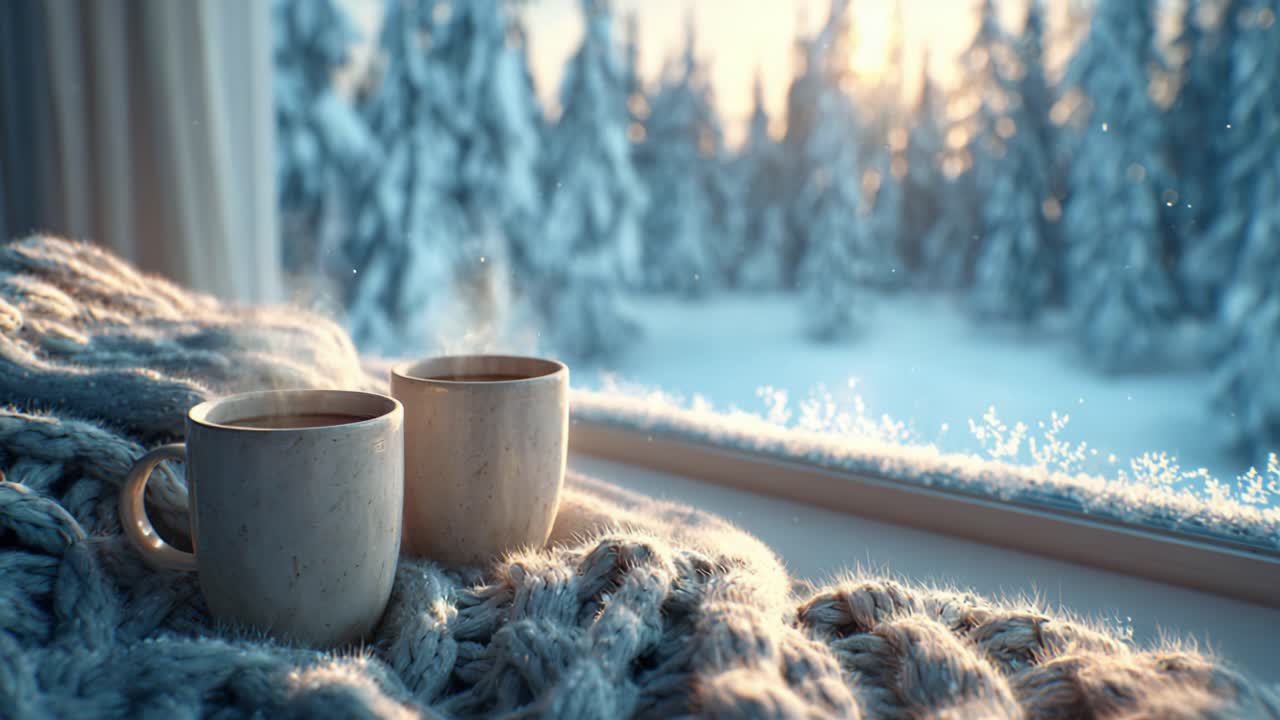 To dampende kopper kaffe hviler på et hyggeligt strikket tæppe ved et vindue med udsigt til et sneklædt skovlandskab oplyst af en gylden solopgang.
