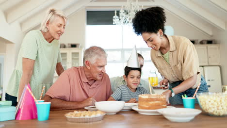 birthday cake, child and happy family celebrate
