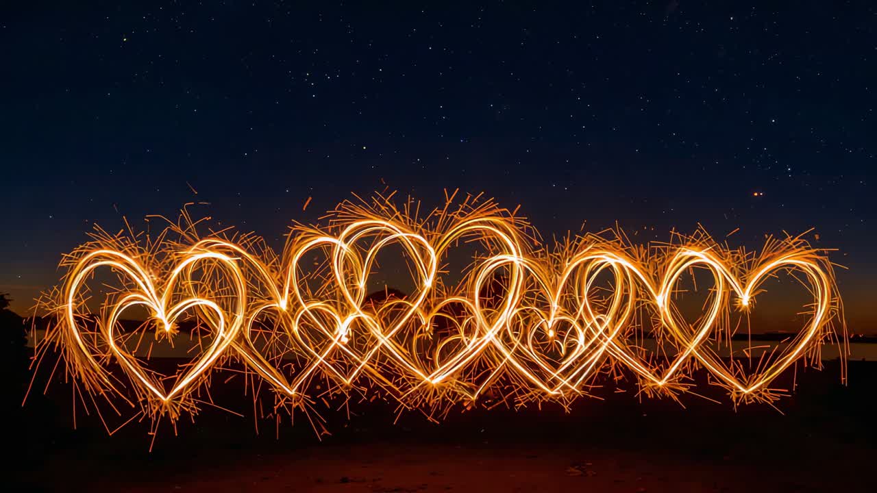 Creating heart band people waving sparklers after shutter opening for art under stars brightening
