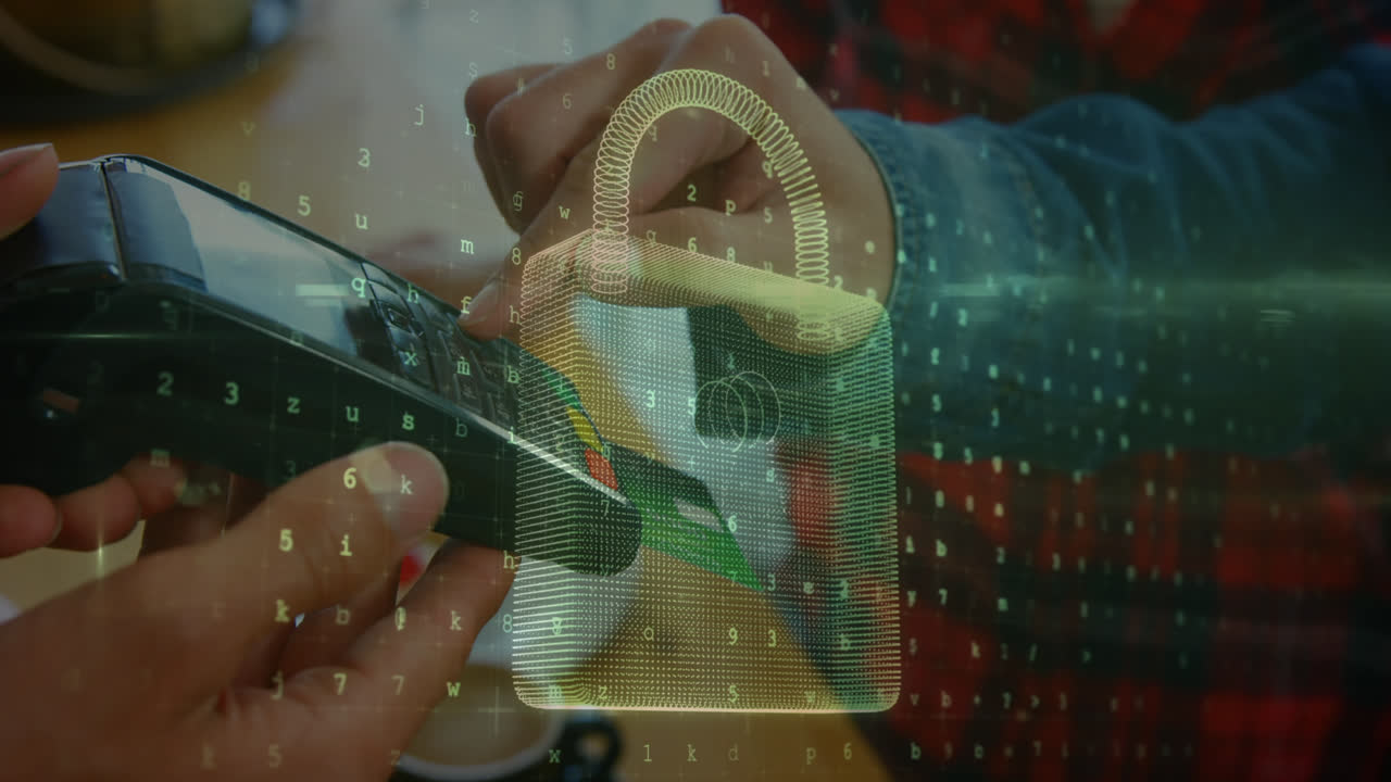 animación del candado de seguridad de la red sobre las personas que utilizan el terminal de pago