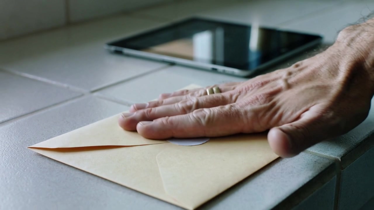 Una mano con anello prende un adesivo rotondo e lo preme per sigillare una busta manila sul bancone della cucina, accanto a un tablet.