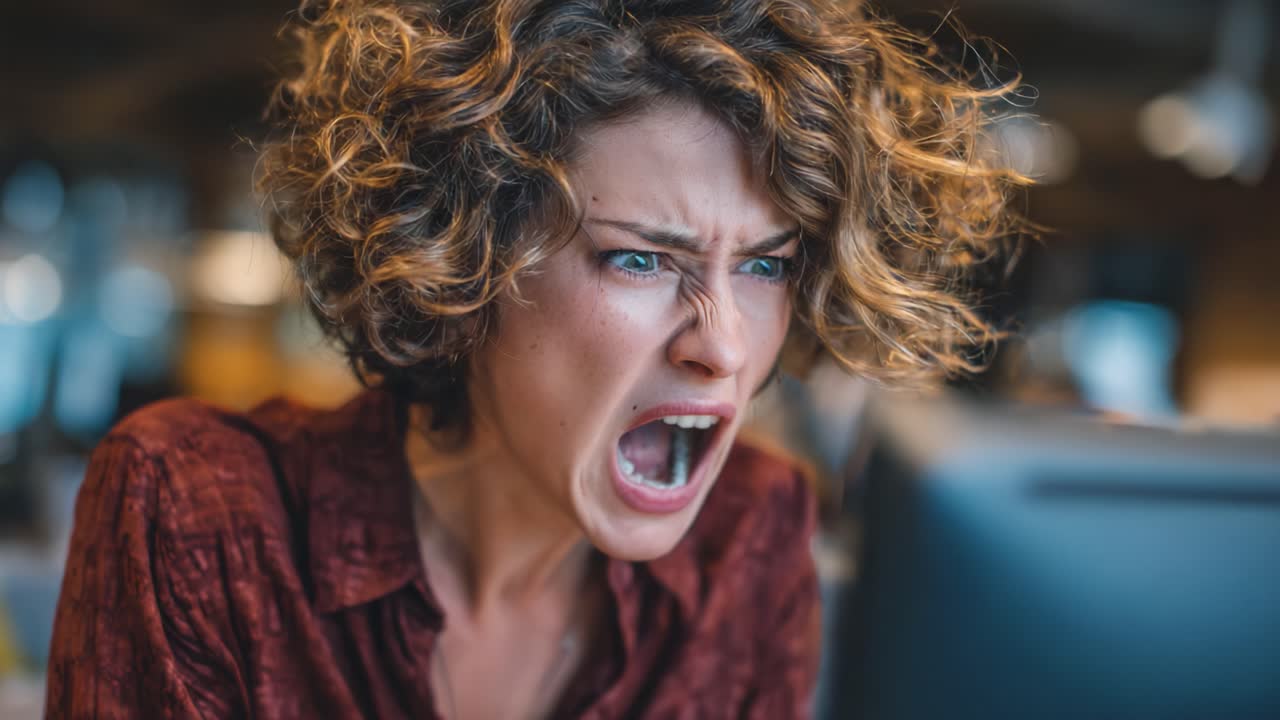 Frustration Captured: A Young Woman Expressing Extreme Anger and Exasperation While Staring at Her Computer Screen in a Modern Workspace Setting