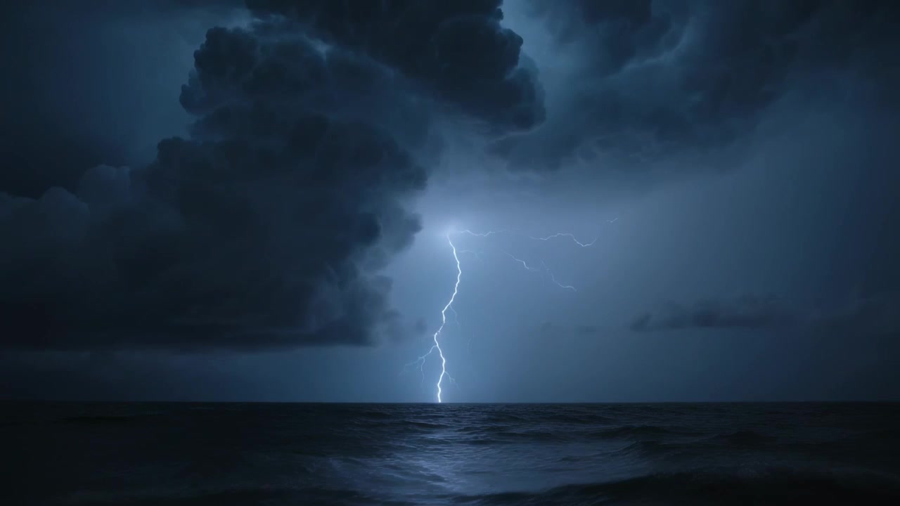 Striking vertical lightning bolt discharging from storm cloud, lighting ocean and making second arc