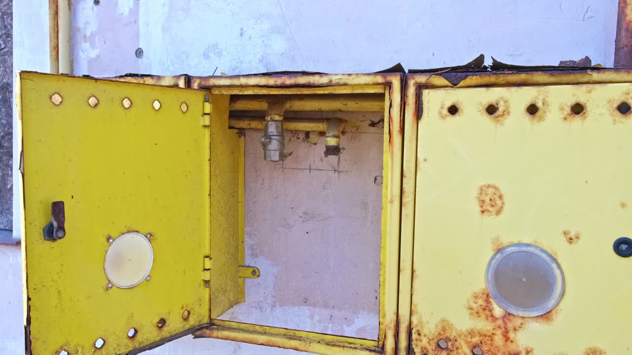 caja de contador de gas vacía unida a la pared de un edificio residencial desconectada de la red de tuberías durante la crisis