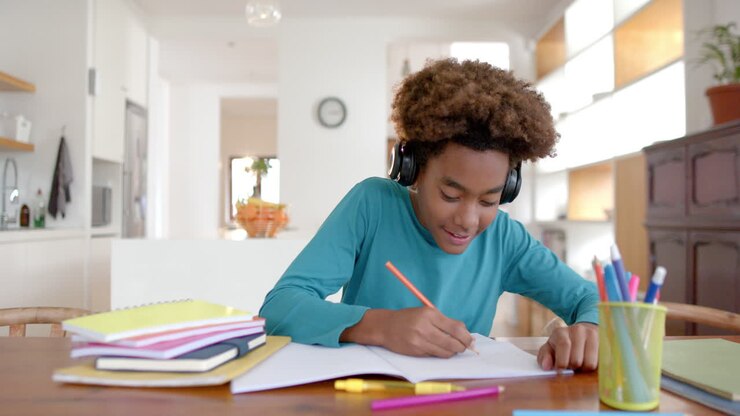 African american boy wearing headphones, having online class, slow motion