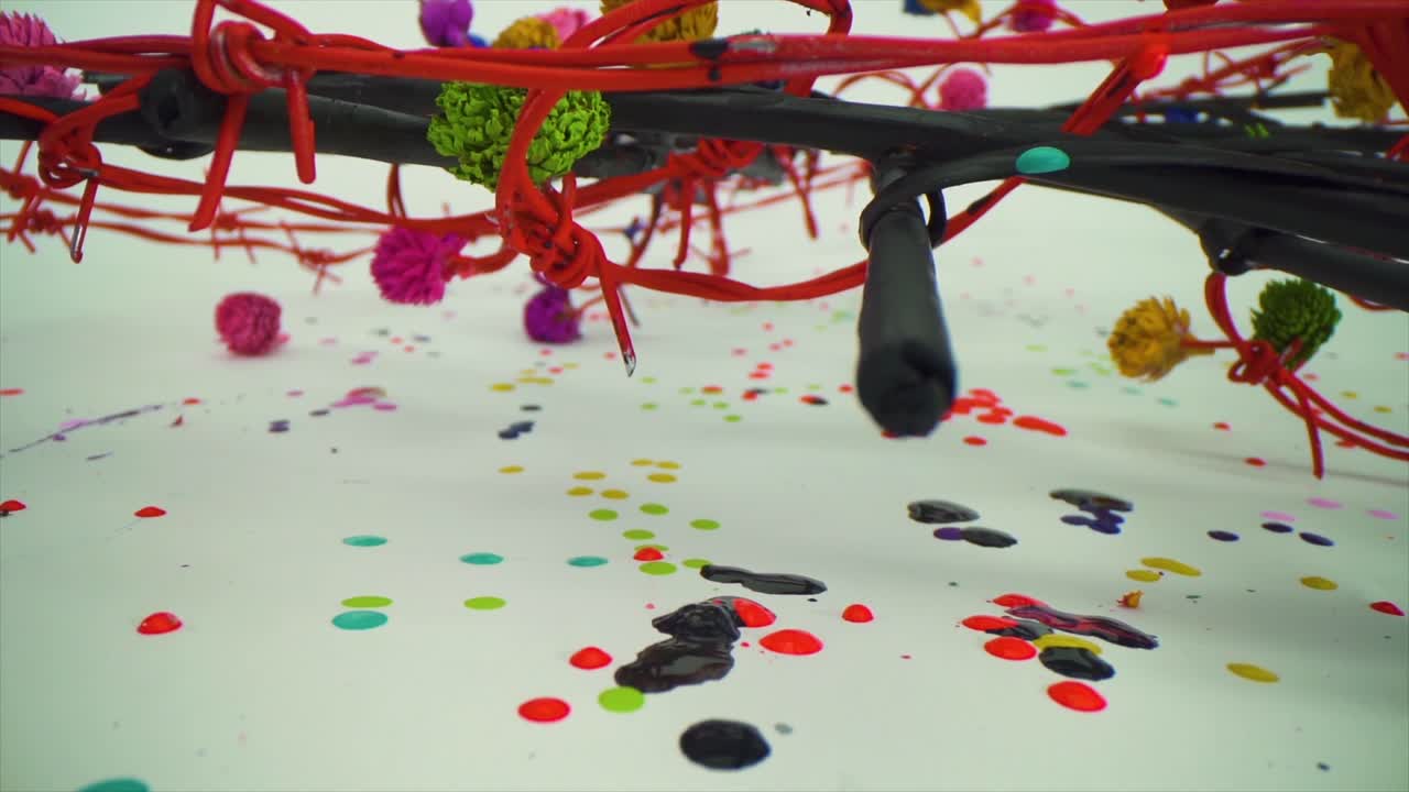 색 캔버스에 회전된 전선과 함께 활기찬 페인트 방울, 컬러 아트 액체 방울