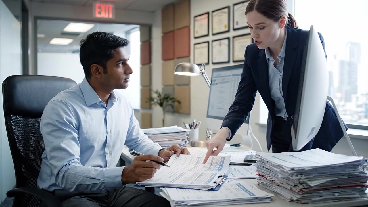 A Professional Exchange: A Man and Woman Collaborate Over Documents in a Modern Office Setting, Fostering Teamwork and Productivity in a Corporate Environment