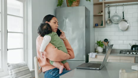 llamada telefónica, trabajo a distancia y una madre sosteniendo