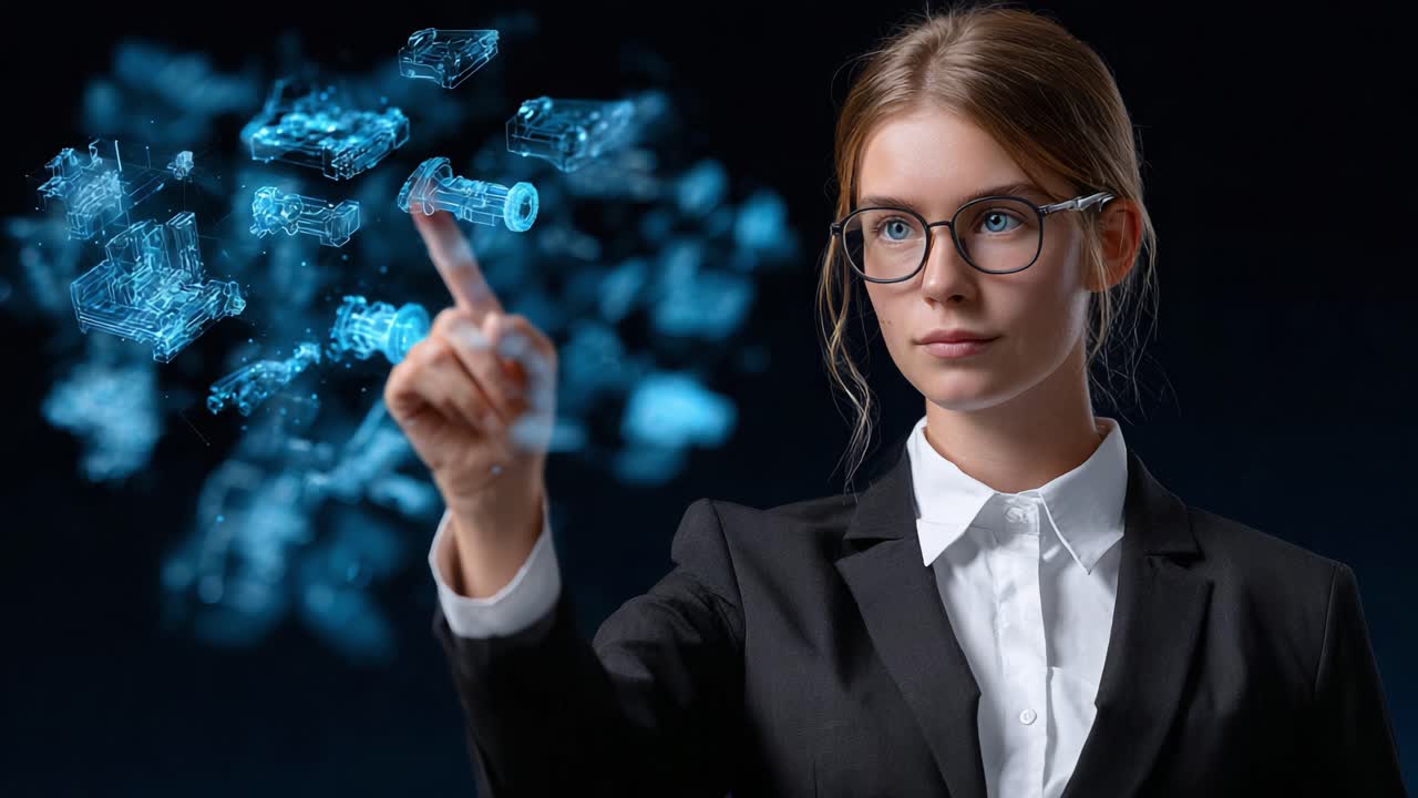 A Professional Woman Manipulates 3D Digital Projections of Mechanical Components, Showcasing Innovation and Technology in Modern Engineering
