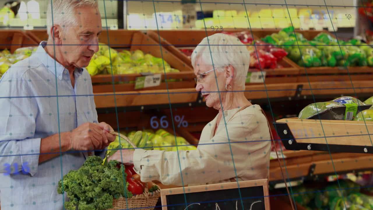 Elderly couple shopping for vegetables with data processing animation overlay