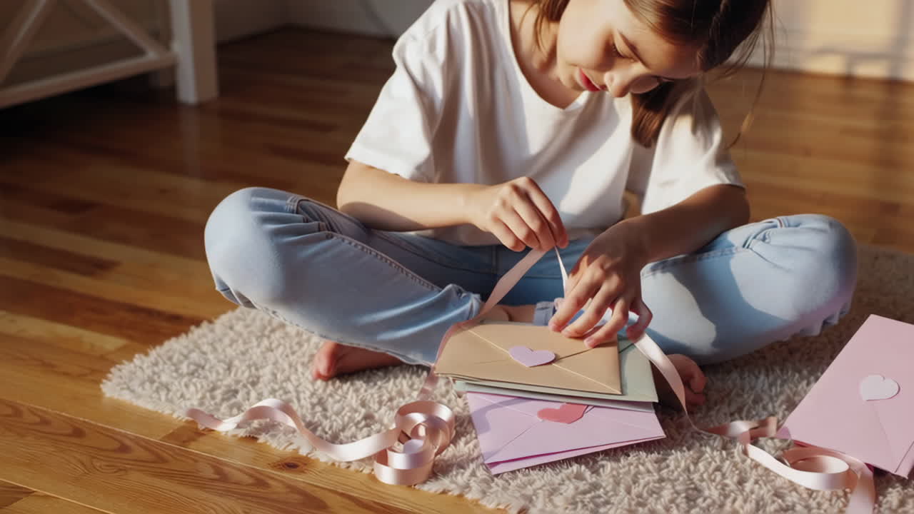 Young girl decorating envelopes with ribbons and heart stickers