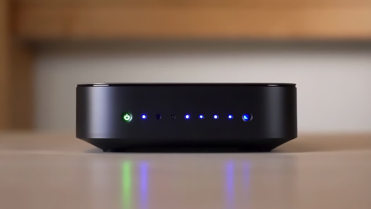 Close-up of a black network switch with glowing LED indicator lights