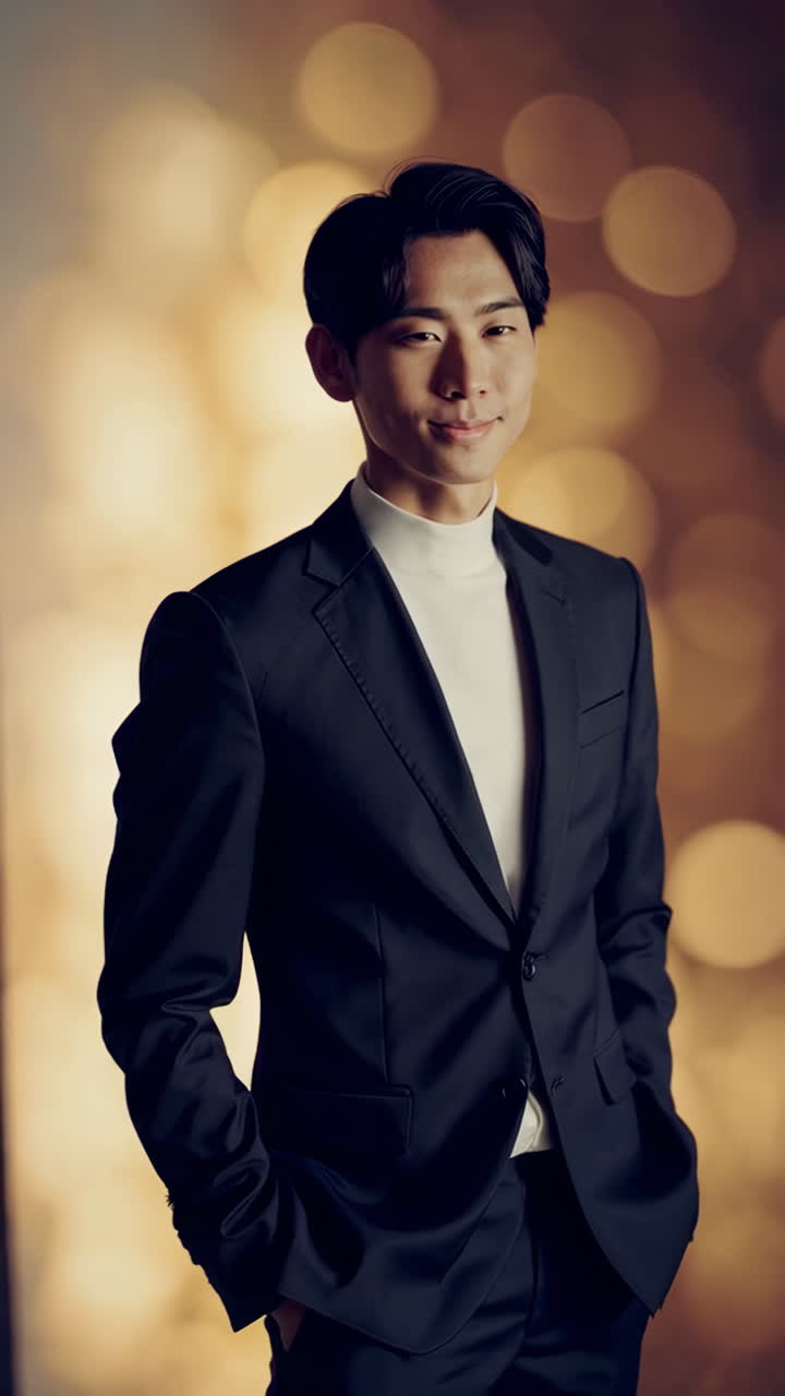 Elegant Man in Suit with Golden Bokeh Background