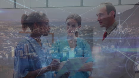 animation of network of connections over diverse doctors and cityscape