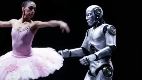 a fascinating dance showcase: a robot engages with a ballerina in an enchanting performance blending artistry and technology against a dark background
