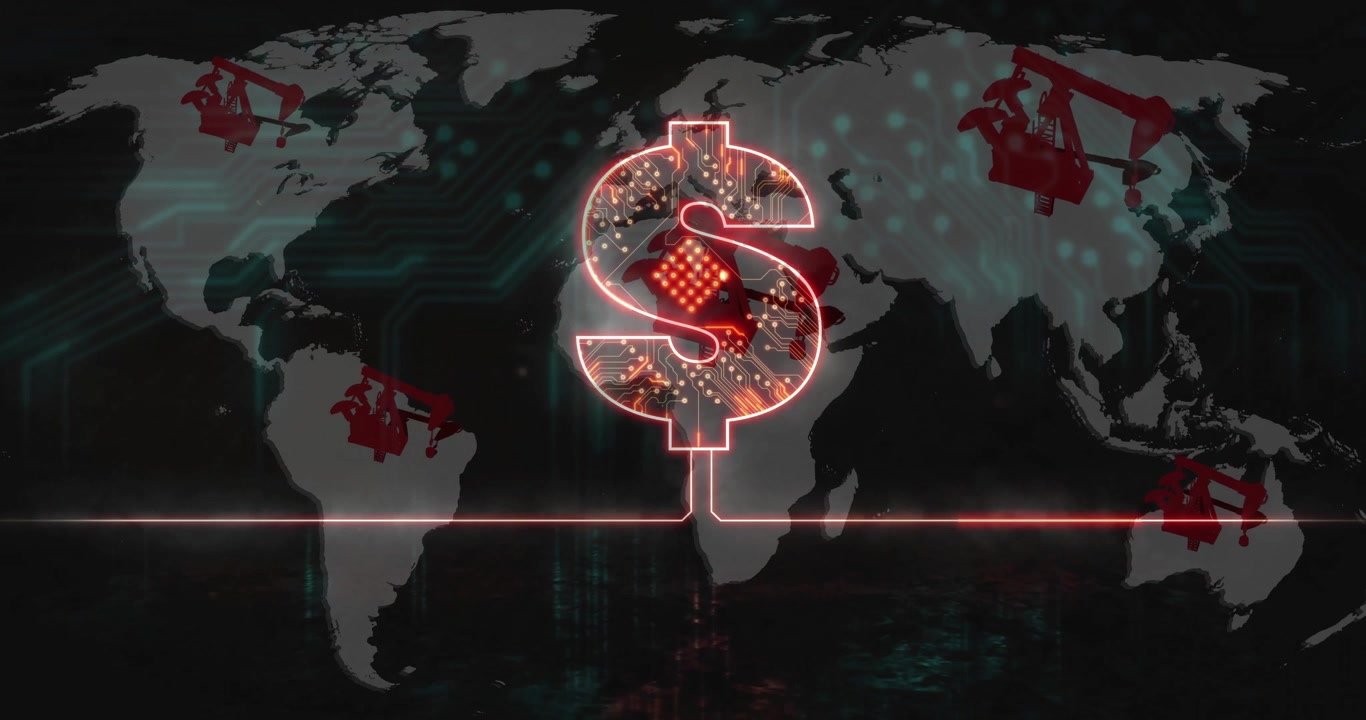 Símbolo Digital do Dólar Sobre Mapa Global com Ícones de Bomba de Petróleo.