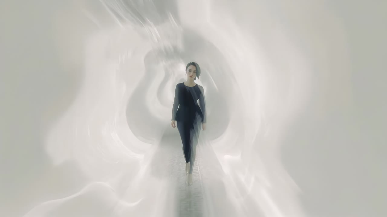 Modella che cammina verso la telecamera mentre i fotogrammi iniziano ad attraversare un tunnel illuminato, indossa un top scuro e tacchi