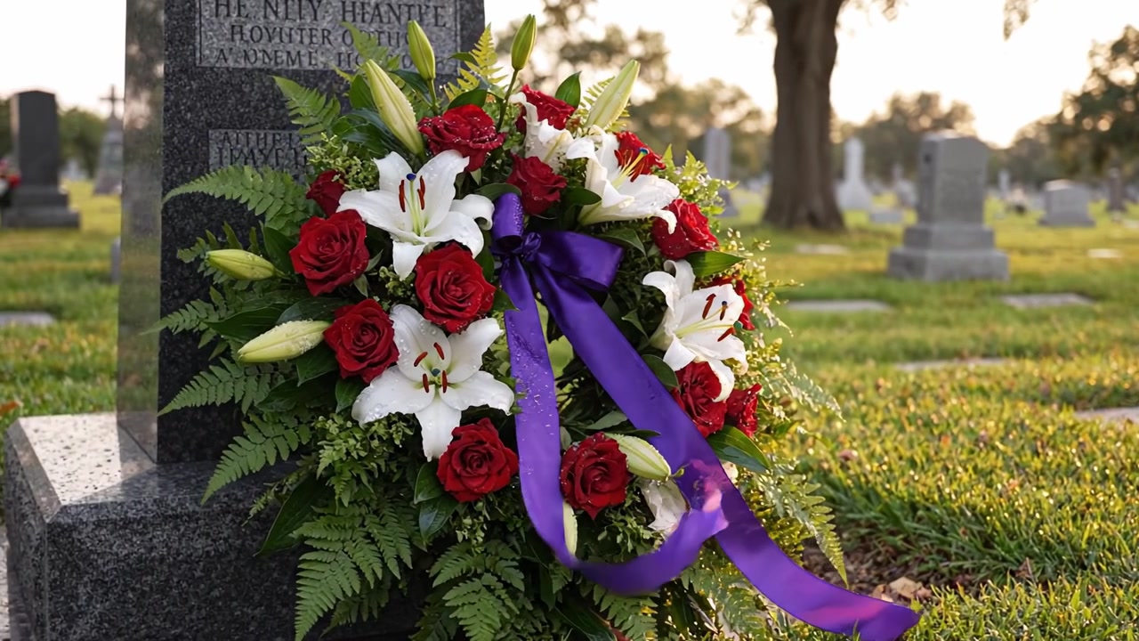 Un bellissimo omaggio floreale in un luogo di riposo: una ricca corona di rose rosse e gigli bianchi adornata con un nastro viola, che simboleggia il ricordo e l'amore.