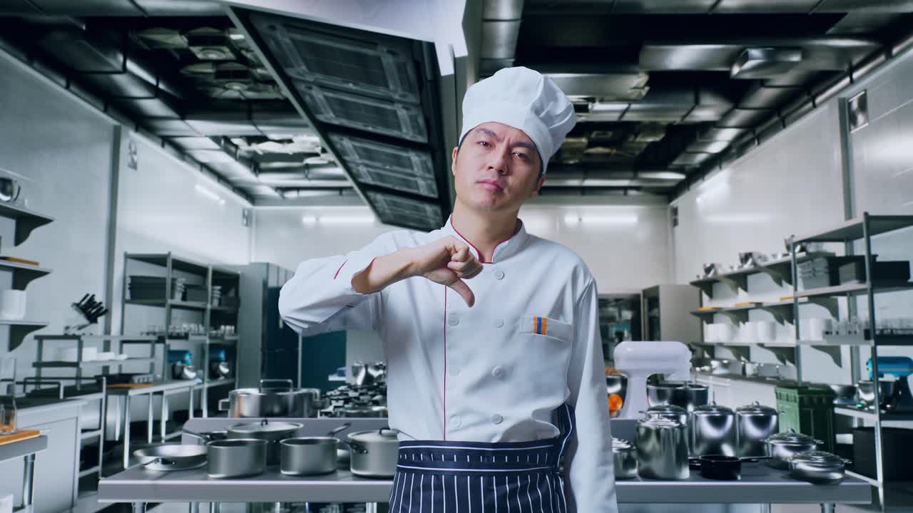 chef asiático mostrando los pulgares hacia abajo gesto a la cámara mientras está de pie en la cocina