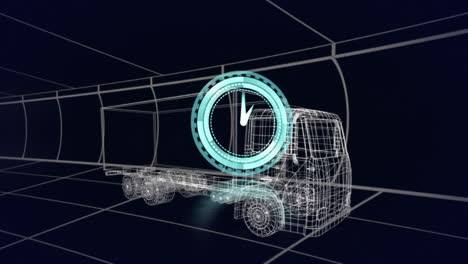 animación del reloj sobre el modelo de dibujo 3d del camión y la cuadrícula