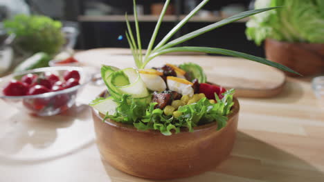 delicious vegetable salad in a wooden bowl