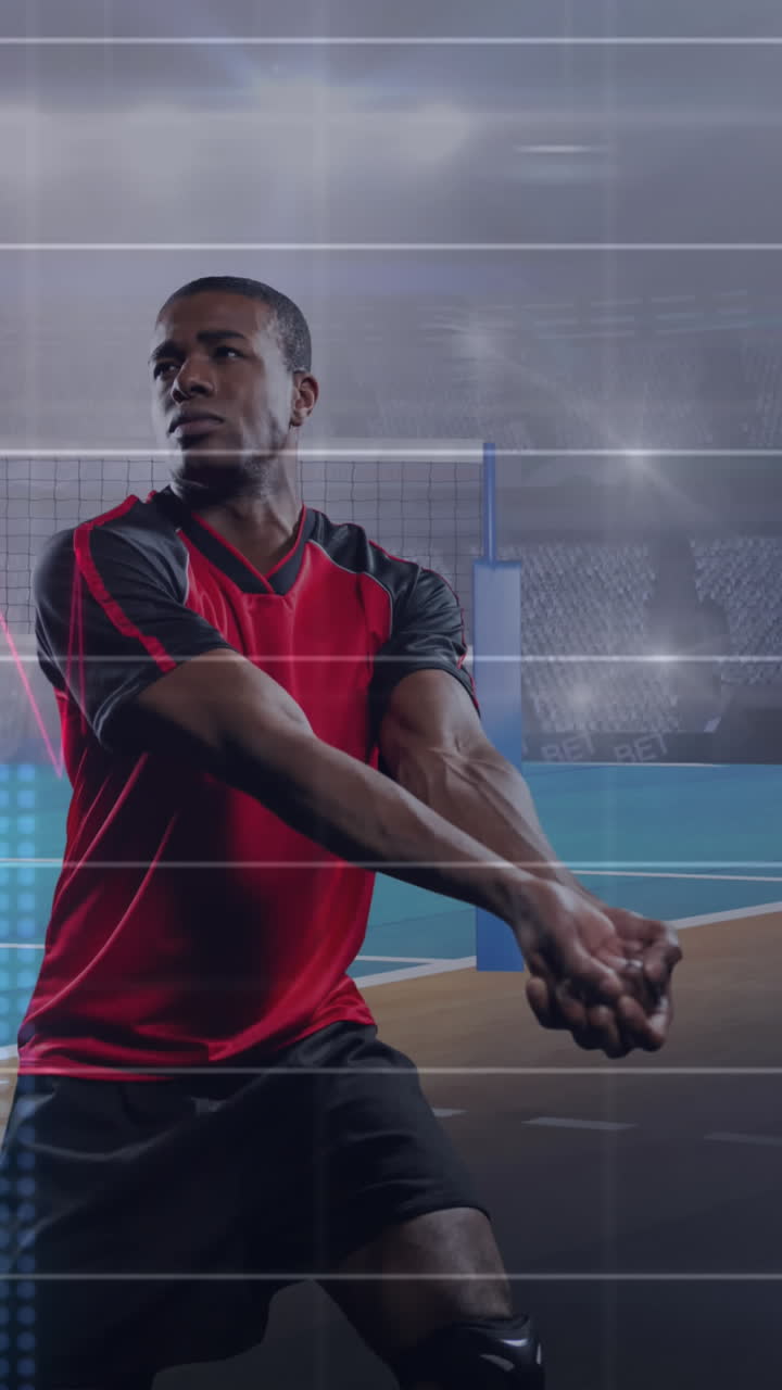 animación de gráficos y procesamiento de datos con un jugador de voleibol masculino en acción en un estadio deportivo