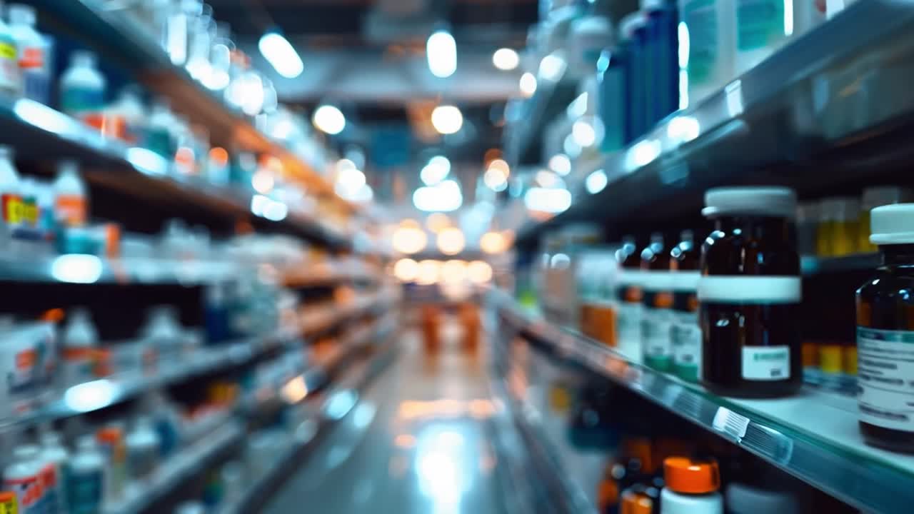 Pharmacy shelves with medications and healthcare products