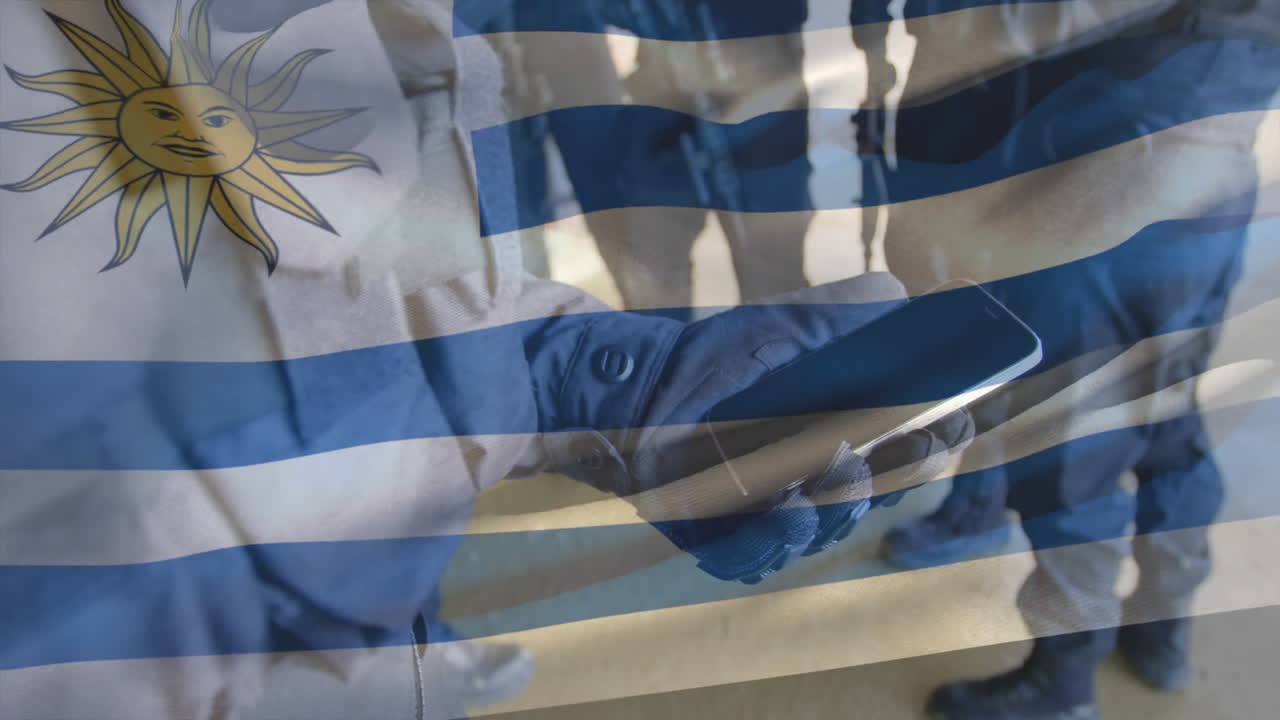 Holding smartphone, police officer with Uruguayan flag overlay, group in background